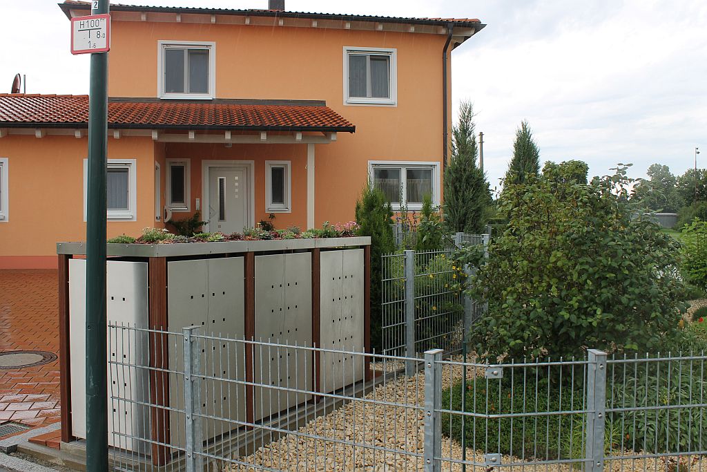 Mülltonnenbox Für 2×240 Liter – Edelstahl Mit Bangkirai-Holzpfosten & Abschließbarem Griff (Klappdach)